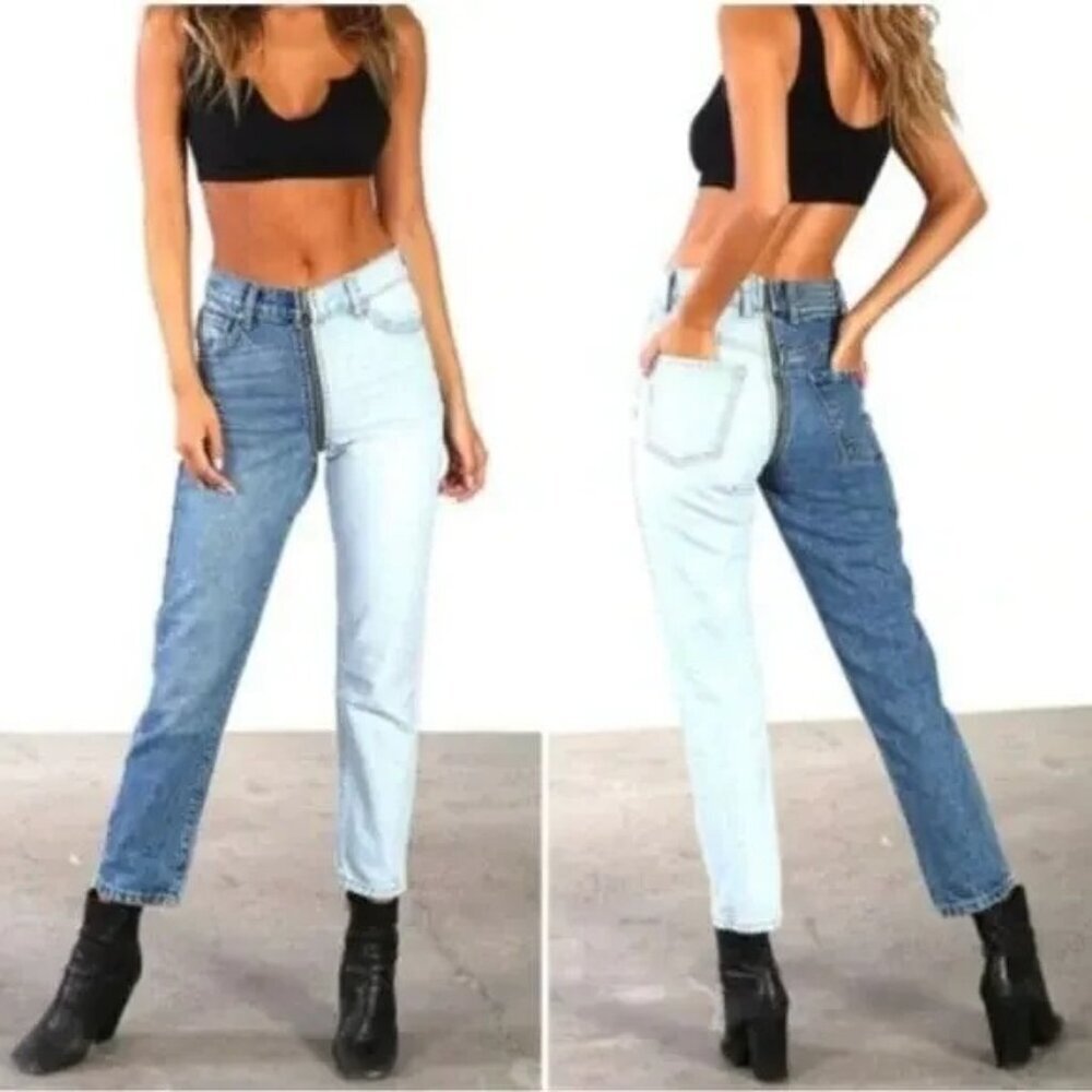 Revice Two-Toned Jeans Ying Yang Denim Pants Zip Front Women's 28